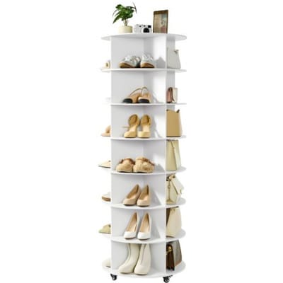VEVOR Schoenenrek/Schoenenkast voor 28 Paar Schoenen (7 Lagen), 360° Draaibaar, Schoenenopbergrek met Wielen, Schoenenrek voor Slaapkamer, Woonkamer, Hal, Wit, 598 x 598 x 1670 mm