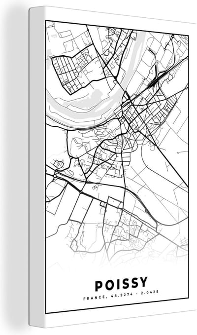 Canvas Schilderij Plattegrond – Kaart – Frankrijk – Poissy - Stadskaart - Zwart wit - 20x30 cm - Wanddecoratie