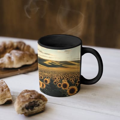 Magische Mok - Foto op Warmte Mokken - Koffiemok - Zonnebloem - Veld - Windmolen - Magic Mok - Beker - 350 ML - Theemok