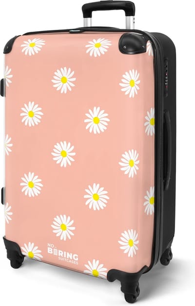 NoBoringSuitcases.com® - Koffer groot - Rolkoffer lichtgewicht - Pastel oranje met madeliefjes - Reiskoffer met 4 wielen - Reistrolley ruimbagage - Grote trolley XL - 20 kg bagage