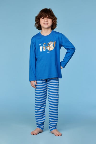 Woody pyjama jongens - kat - blauw - 252-10-PLS-S/879 - maat 92
