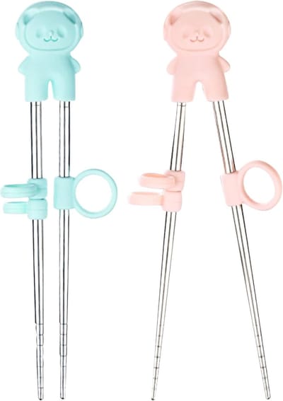 2 paar oefen-eetstokjes met opbergdoosje, hulp bij het leren eten met stokjes, herbruikbare roestvrijstalen metalen beginners-eetstokjes, roze en blauw