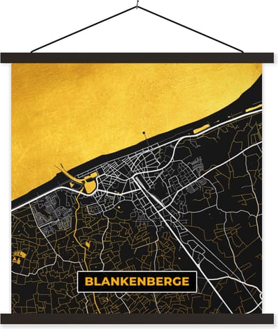 Posterhanger incl. Poster 60x60 cm - Schoolplaat - Stadskaart - Gold - Blankenberge - Plattegrond - Kaart - Textielposter - Zwarte latten - Stadskaart