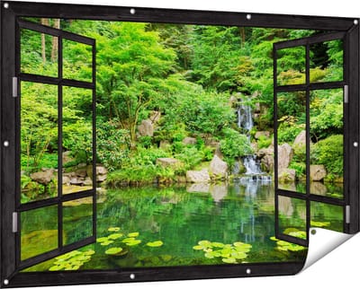 Gards Tuinposter Doorkijk Panorama van Japanse Tuin - 150x100 cm - Tuindoek - Tuindecoratie - Wanddecoratie buiten - Tuinschilderij