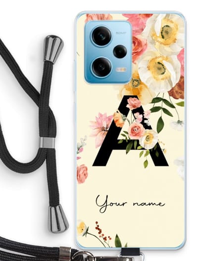 Gepersonaliseerd - Case Company® - Hoesje met koord geschikt voor Xiaomi Redmi Note 12 Pro 5G hoesje met Koord - Flirty Flowers Monogram - Telefoonhoesje met Zwart Koord - Bescherming aan alle Kanten en Over de Schermrand