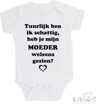 100% katoenen Romper "Tuurlijk ben ik schattig, heb je mijn moeder weleens gezien?" Unisex Katoen Wit/zwart Maat 56/62