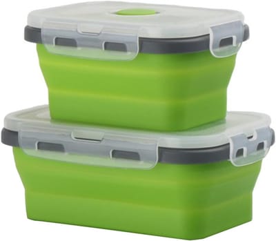 2 stuks inklapbare siliconen kommen met deksel, 500 ml & 800 ml rechthoekig, magnetron- en vriesbestendig, herbruikbaar, ideaal voor kamperen, reizen, camper, groen