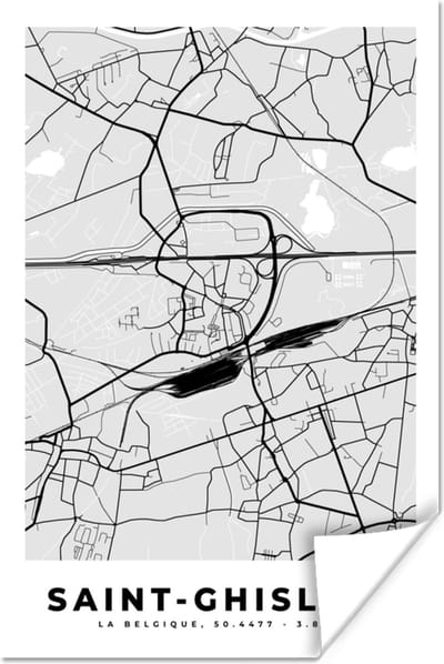 Poster Stadskaart – Zwart Wit - Kaart – Saint Ghislain – België – Plattegrond - 120x180 cm XXL