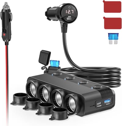 Thijox - Multi Socket Sigarettenaansteker Autolader Splitter 300W met 4 Stopcontacten, Dual PD 30W, QC 3.0, 12V-24V Auto Adapter, Onafhankelijke Schak
