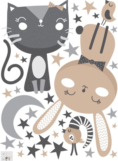 Muurstickers - Kat, konijn en vogels in het maanlicht - Zelfklevende stickers - 105x80cm