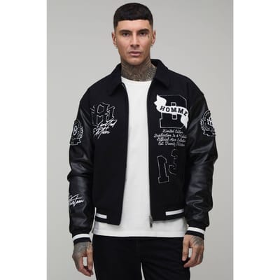Lange Boxy Fit Melton & Pu Gemengde Stof Applicatie Varsity Jack | Black | Size Small