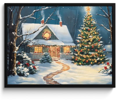 Poster in lijst - Fotolijst 70x50 cm - Posters - Kerst - Kerstboom - Winter - Huis - Sneeuw - Posterlijst zwart - Decoratie - Wanddecoratie woonkamer - Kerstdecoratie voor binnen - Kerstversiering - Kerstmis versiering in huis - Christmas decorations