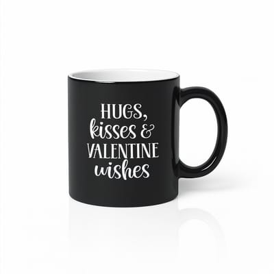 Hugs, Kisses & Valentine Wishes Black Magic Mok 330ml – Zwarte Keramische Koffiemok – Valentijnsdag Cadeau voor Hem of Haar