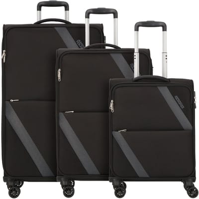 American Tourister Star Max 4 wielen Kofferset 3-delig met uitbreidingsplooi - Zachte bagage - TSA slot - black-grey