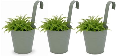 Progarden Bloempotje met haak - 3x - plantenbak zink met ophanghaak - groen - 20 x 13 x 26 cm - ophangbaar - Balkon/schutting plantenpot