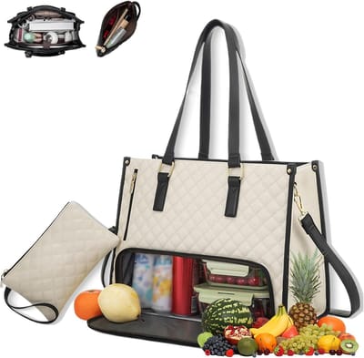 koeltas - Lunchtas - Lunchtassen voor vrouwen - Handtas - 15,6 inch 2 in 1 draagtas - Insulated Lunch Bag Combo - Large Tote with Lunch Compartment - Witte PU buitenlaag + polyester voering