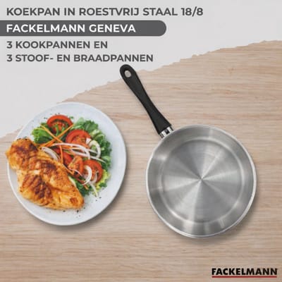 Set van 1 pan 20 cm, 3 steelpannen 12 16 20 cm en 3 kookpotten 16, 20 en 24 cm in roestvrij staal Fackelmann Geneva
