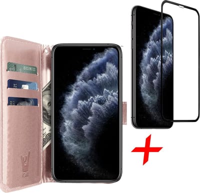 iphone 11 pro max hoesje - iphone 11 pro max case roségoud book cover Kunstleer wallet - hoesje iphone 11 pro max apple - iphone 11 pro max hoesjes cover hoes - 1x iphone 11 pro max screenprotector glas tempered glass screen protector full screen