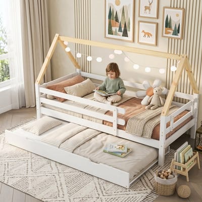 Boomhutbed met uitschuifbed op wielen - Voor kinderkamer en logeerpartijtjes - 90x200/90x190 cm - Wit en naturel - Massief grenenhout - Inclusief lattenbodem - Valbeveiliging rondom - Stabiele constructie