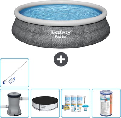 Bestway Rond Opblaasbaar Fast Set Zwembad - Rotanprint - 457 x 84 cm - Inclusief Pomp Afdekzeil - Onderhoudspakket - Filter - Schoonmaakset