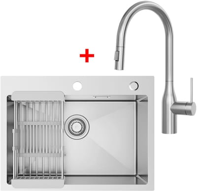 SOFETIY MAX Spoelbak voor keuken 60 x 45 cm - Spoelbakken Keuken Met Uittrekbare Uitloop Keukenkraan - 1 Gootsteen RVS - Wasbak Keuken Met Aftapmand en Waterafvoersysteem