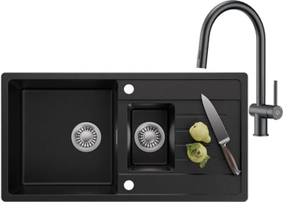 CECIPA MAX Spoelbak Met Kraangat - Granieten Keuken 86x45CM - 1.5 Spoelbak Keuken Met Keukenkraan Met Uittrekbare Uitloop - Met Afdruiprek en Waterafvoersysteem - Spoelbak Keuken - Zwart