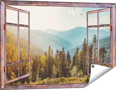 Gards Tuinposter Doorkijk Bos met Bomen in de Hoge Bergen - 90x60 cm - Tuindoek - Tuindecoratie - Wanddecoratie buiten - Tuinschilderij