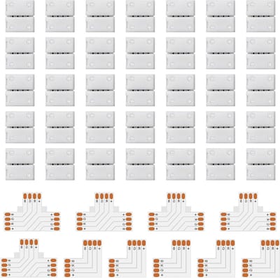 LED Strip Connectors 35 Stuks, 4 Pin, 10 mm, Soldeervrije Hoekconnector voor RGB SMD 5050/3528 LED Strips, L-vormig en T-vormig, Perfect voor Verlichting en Decoratie