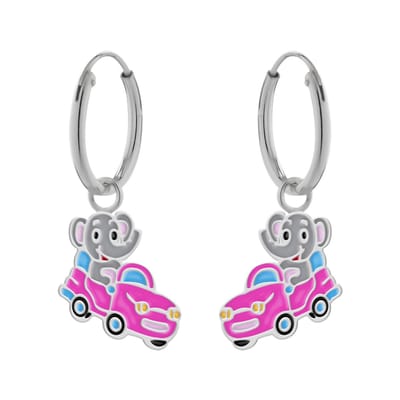 WeLoveSilver - zilveren oorbellen - olifant in roze auto - meisjes