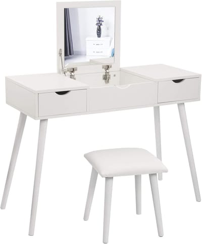 Stijlvolle Make-uptafel met Spiegel en Kruk - Moderne Bureau met Soft-Close en 2 Laden