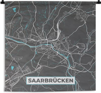 Wandkleed - Wanddoek - Blauw – Duitsland – Plattegrond – Stadskaart – Kaart – Saarbrücken - 180x180 cm - Wandtapijt