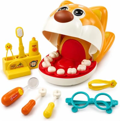 Honden Tandarts Speelset van MMOBIEL – Rollenspel Set met 8 Verwijderbare Tanden, Lichtgevende Spiegel en Accessoires – Educatief Speelgoed voor Kinderen vanaf 3 Jaar