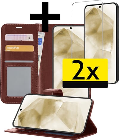 Hoesje - Met 2x Screenprotector - Geschikt voor Samsung Galaxy A55 - Luxe Pasjeshouder - Bookcase Portemonee - Flip Case - Kunstleer Book Case - Flipcase Hoes - Book Cover - Walletcase - Portemonneehoes - Telefoonhoesjes - Bruin