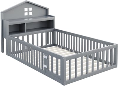 Kinderbed 90 x 200 cm, huishekje, met planken en opbergruimte, met veiligheidshekje en deurtje, lattenbodem, grijs