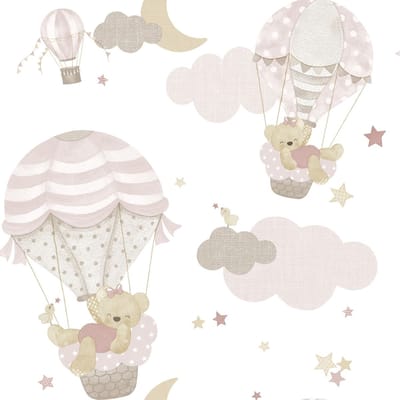 Behang - Beren Luchtballonnen - Wit Roze - Babykamer Meisje - Dieren - Wolken - Sterren - Maan - Pastel - Scandinavisch - 0,53 x 10,05 M - Happy