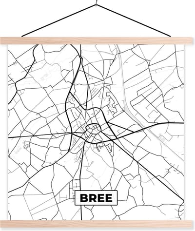 Posterhanger incl. Poster 40x40 cm - Schoolplaat - Zwart Wit – België – Plattegrond – Stadskaart – Kaart – Bree - Textielposter - Blanke latten - Stadskaart