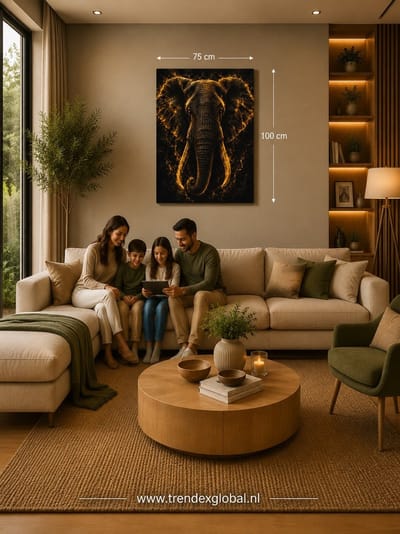 Canvas schilderij 100x75 cm - Gouden Olifant op zwarte achtergrond - Luxe Wanddecoratie - Zwart - Goud - Dieren