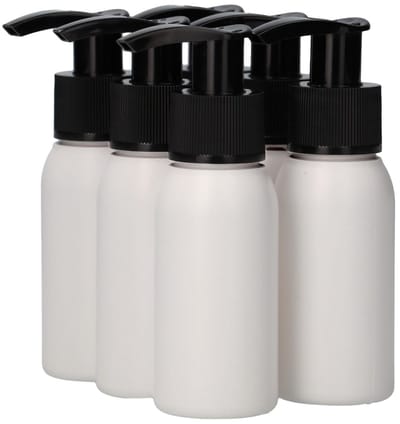 6 x 50 ml ronde fles HDPE wit + Zeepfles Dispenserpomp zwart - BPA Vrij - Niet Breekbaar - Plastic Flesjes Navulbaar - Met Dop - Lege Flessen - 6 stuks