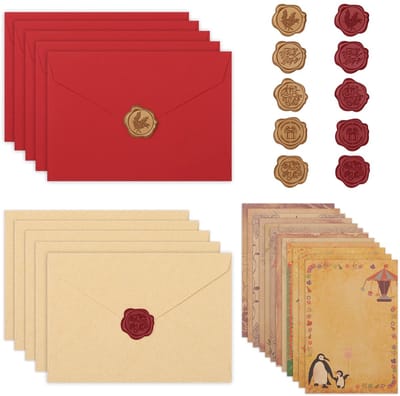 Dailygoods - Realjoy 44 stuks papier en enveloppen, 10 enveloppen, 24 vintage papier, 10 zegelstickers voor liefdesbrieven, verjaardagen, Kerstmis, bruiloften