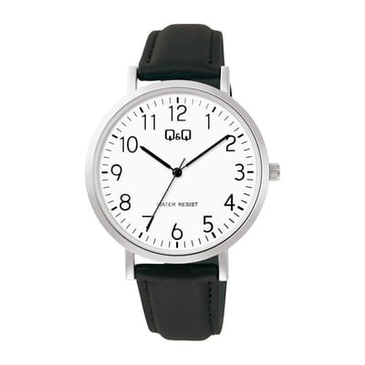 Q&Q C34A-007PY - Horloge - Analoog - Heren - Mannen - Leren band - Rond - Metaal - Cijfers - Zwart - Zilverkleurig - Wit