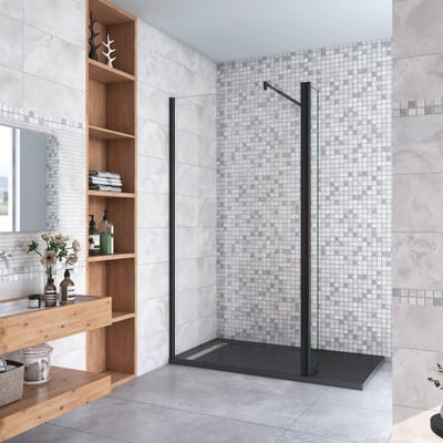 Inloopdouche-douchewand-walk in 8mm NANO EasyClean veiligheidsglas，140x200cm+40x200cm draaibaar hoekprofiel+70-120cm Stabilisatiestang,mat zwart aluminium profiel.