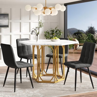 Zeshoekige Eettafel - Keuken Tafel - Ontbijt Eten - Marmer Look Blad - 110 cm Breed - Goud