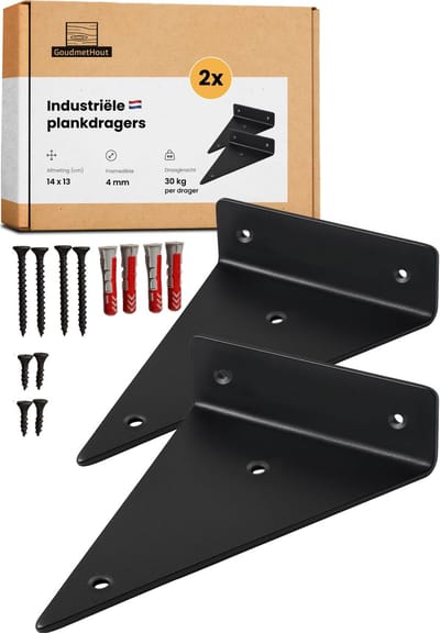 GoudmetHout - Industriële Plankdragers driehoekvorm Mat Zwart - voor wandplank 15-25 cm - Incl bevestigingsmateriaal