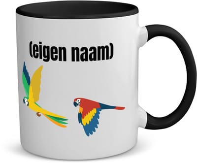Akyol - 2 vliegende papegaaien koffiemok - theemok - zwart - Papegaai - papegaai liefhebbers - met eigen naam - papegaai spullen - gepersonaliseerd - 350 ML inhoud