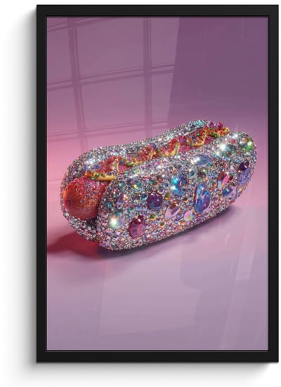 Poster in lijst - Fotolijst 40x60 cm - Posters - Hotdog - Steentjes - Glitters - Paars - Posterlijst zwart - Decoratie - Wanddecoratie woonkamer - Muurdecoratie slaapkamer