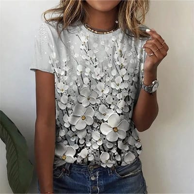 T-shirt à imprimé floral 3D pour femme, col rond, manches courtes, style décontracté, style streetwear, style Harajuku 6XL