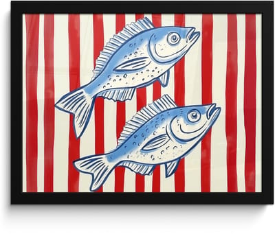 Poster in lijst - Fotolijst 40x30 cm - Posters - Vissen - Verticale strepen - Blauw - Rood - Posterlijst zwart - Decoratie - Wanddecoratie woonkamer - Muurdecoratie slaapkamer
