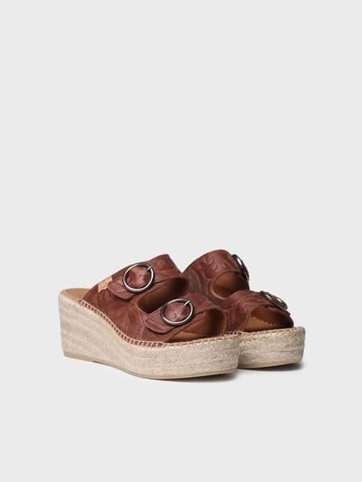 Dames espadrille zonder achterkant van leer met jute sleehak | IDOIA