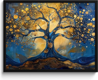 Poster in lijst - Fotolijst 80x60 cm - Posters - Boom - Levensboom - Blauw - Goud - Posterlijst zwart - Decoratie - Wanddecoratie woonkamer - Muurdecoratie slaapkamer