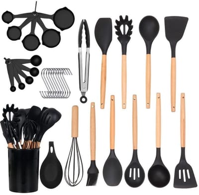 33-delige Keukengerei Siliconen met Houten Handvat – Hittebestendige Antiaanbak Kookgerei Set met Opbergstandaard – Vaatwasserbestendig & Makkelijk Schoon te Maken – Zwart